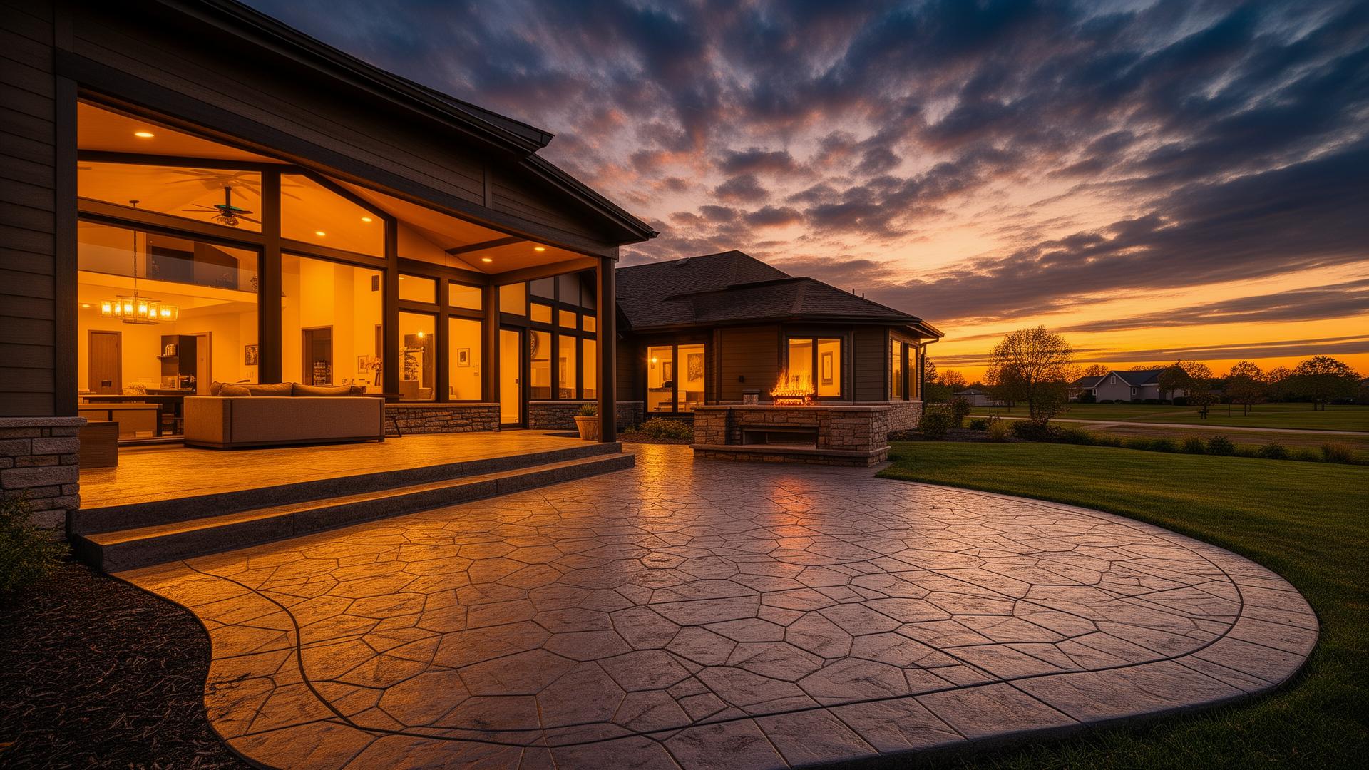 Decorative concrete patio at dusk